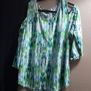 Green/blue watercolor cold shoulder top